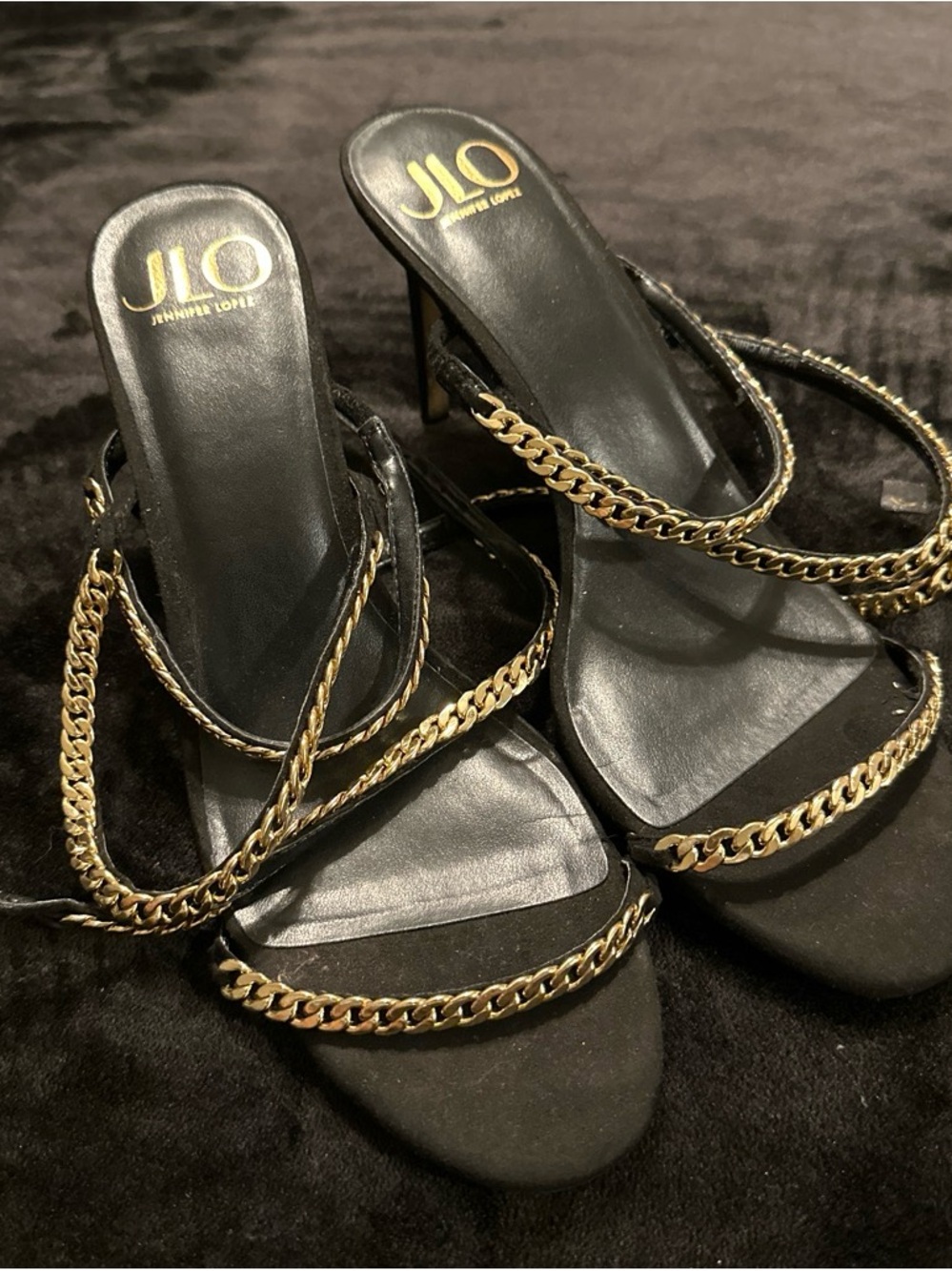 Jennifer Lopez Black Heeled Sandals with Gold Chain Straps